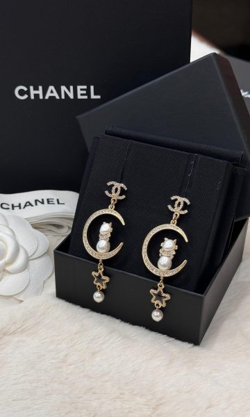 CHANEL CC Cat Moon Star Dangling Earrings Metal and Crystals with Faux Pearls and Resin